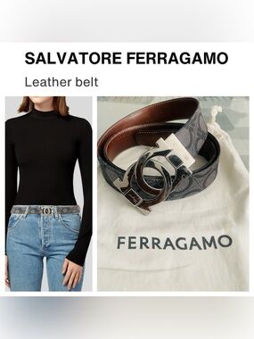 SALVATORE FERRAGAMO Gray Logo Canvas Reversible Leather Belt & Dust Bag